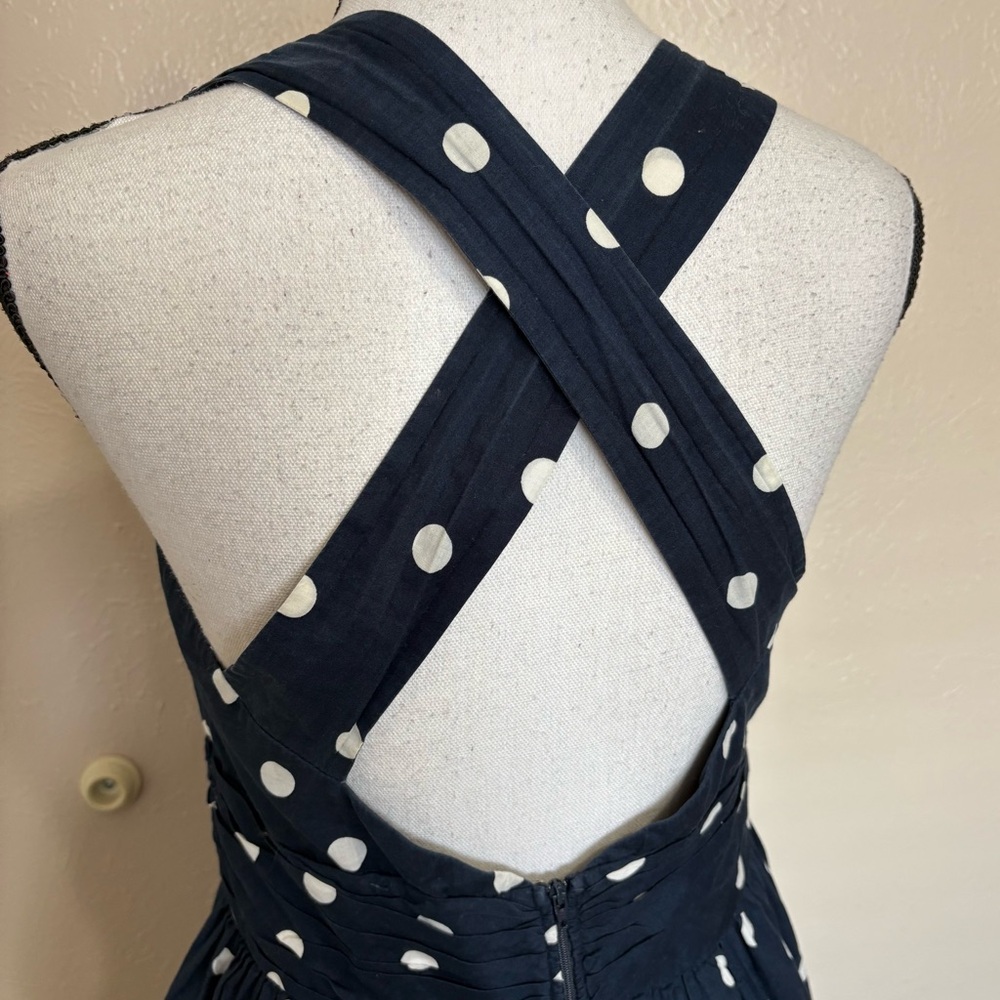 Whit Two Anthropologie Eva Navy Blue Polka Dot Cutout Sleeveless Halter Dress - Picture 8 of 11